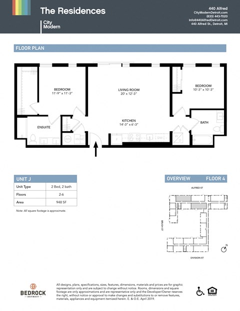 Floor plan for 2 beds, 2 baths, 948 sqft